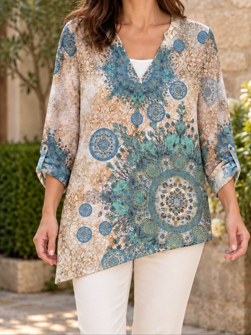 Chico's 1 (M) Teal Medallion Print V Neck Roll Tab Sleeve Boho Tunic Top